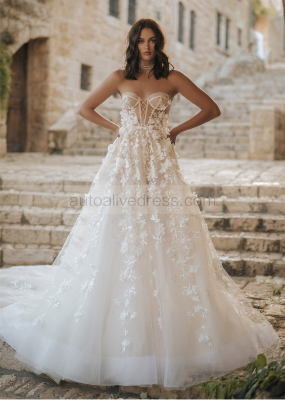 Beaded Ivory Lace Tulle Floral Chic Wedding Dress